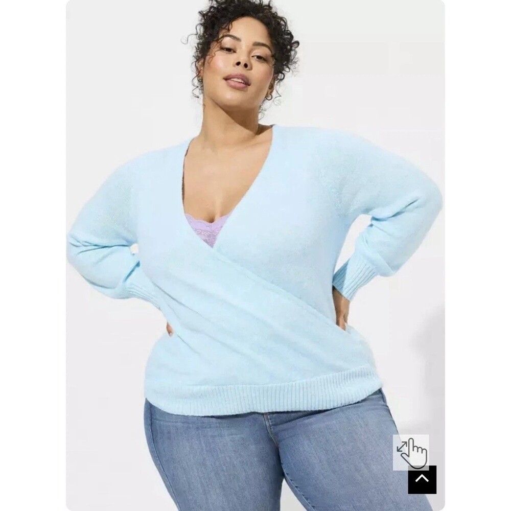 Torrid Sweater Plus 1 Light Blue Knit Faux Wrap Surplice V-Neck Long Sleeve